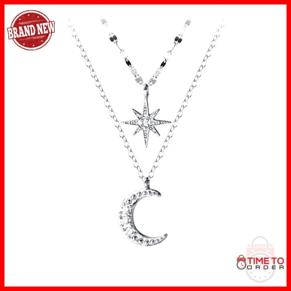 925 Sterling Silver Star Moon Layered Choker Necklace with Extension Chain